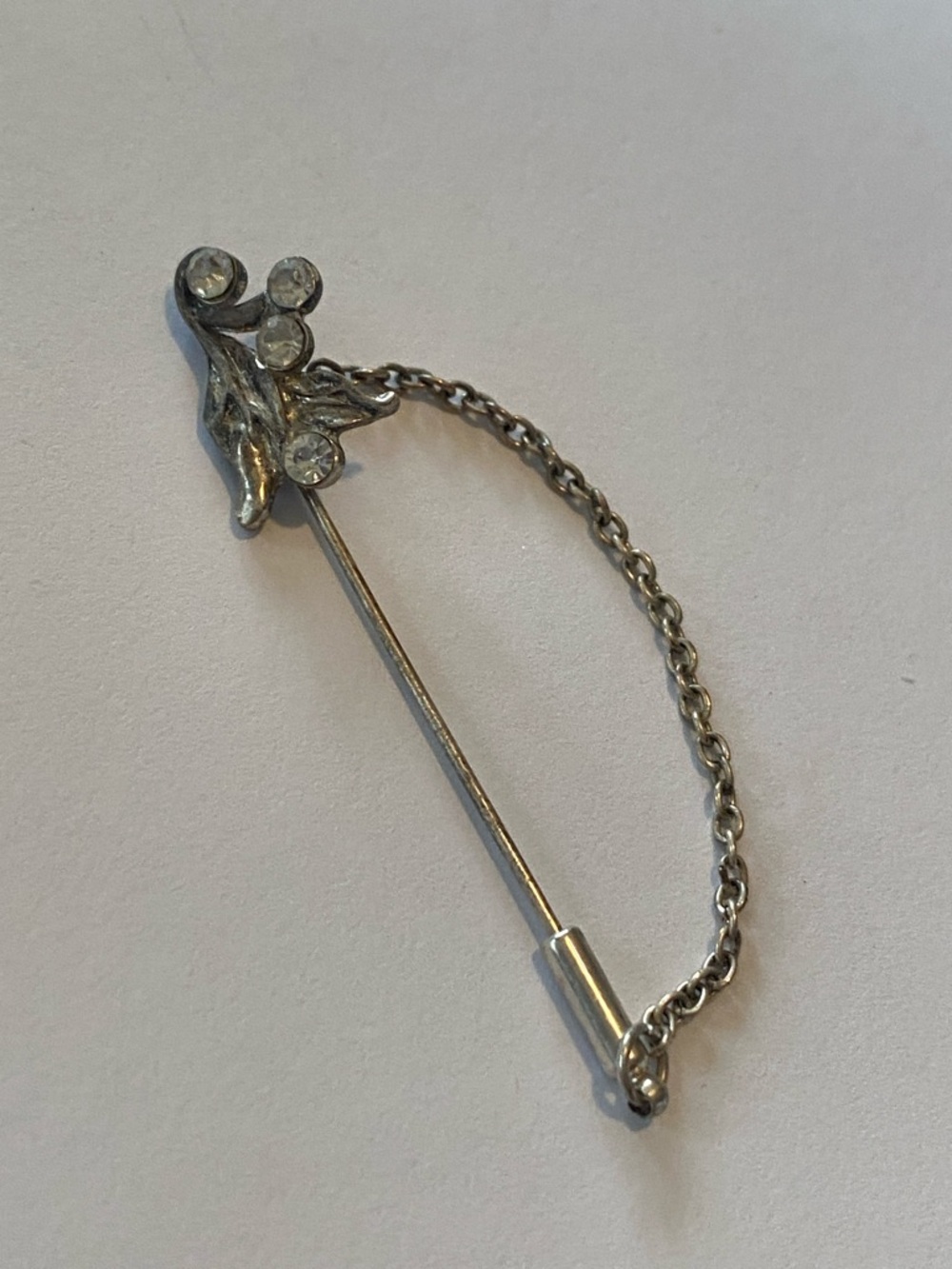Vintage art nouveau Silver Rhinestone Floral Stick Pin with Safety Chain